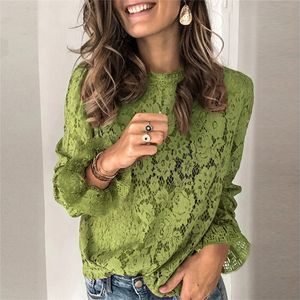 Wiosna Lato O-Neck Kwiatowa Koronkowa Koszula Kobieta Elegancka Flare Z Długim Rękawem Bluzki Koszule Sexy Kobiety Hollow Out Mesh Blusa Topy XXXL 200924