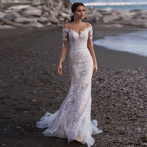 Sexy Scoop Long Sleeves Mermaid Brautkleider abito da sposa SweepGown vestido de casamento