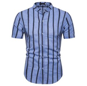 Hot Sale Stand Collar Vertikala Stripes Skjorta För Män Bomull Linen Skjortor Män Kortärmad Blus Manlig Sommar