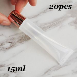 20pcs/lote 15ml Squeeze Squeeze Gold rosa Top Top vazio Lipstick Lipstick Clear Tube Lip Gloss Soft Recipiente para cosméticos DIY