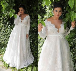 Garden A-line Empire Waist Lace Plus Size Wedding Dresses deep v neck With Long Sleeves Sexy Long Wedding Dress For Plus Size Wedding