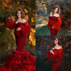 2021 Röd moderskapskvällsklänningar Tiered Ruffles Sweep Train Mermaid Prom Gowns Sweetheart Custom Made Elegant Vestido de Novia