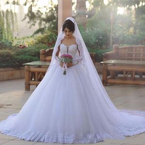 Luxury Arabic Dubai White Ball Gown Wedding Dresses Lace Long Sleeves Sheer Neck Appliques Train Garden Bridal Gowns Formal Bride Dress