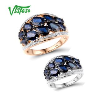 Cluster Ringen Vistoso Pure k Rose White Gold Ring voor Dames Shining Diamond Blue Sapphire Luxe Bruiloft Engagement Fijne Sieraden