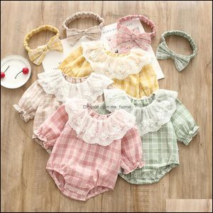 Rompers JumpsuitSrompers Baby Kids Clothing Baby, Maternity Girls Plaid Lace Romper Spädbarn Toddler Mesh Lattice Jumpsuits med pannband S