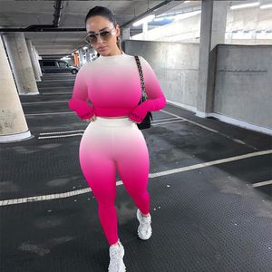 Women Two Piece Set Designer pants Sexy Gradient Long Sleeve T Shirts Tight Trouser Outfits Plus Size Ladies Fashion Casual Clothing Fall