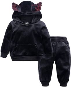 Barn Tracksuit Boys Girls 2sts Velvet Hooded Tracksuit Top + Sweatpants Outfits Set (12M-7T)