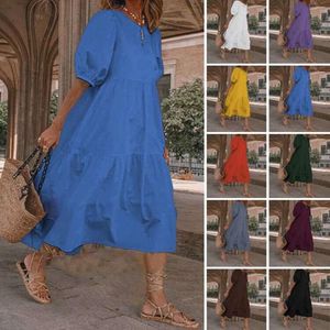 Partykleider Boho Kleidung Kleid Vintage Sommer Lose Cottagecore O-Ausschnitt Solide Sommerkleid Midi Baumwolle Kurzarm Patchwork 2022 Mode Frau