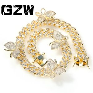 Nowa moda Rose Gold 16 cal Bling Cubic Cyrkonia Butterfly Cuban Chain Choker Naszyjnik Bijoux Hip Hop Rapper Biżuteria Prezenty dla mężczyzn Kobiety