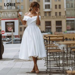 LORIE Abito da sposa semplice lungo fino al tè con spalle scoperte Abito da sposa corto in raso bianco avorio con scollo a barchetta 201114