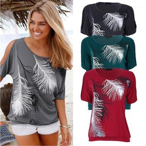 Women's T-Shirt Wholesale- 2021 Casual Summer Women Baggy Off Shoulder Tops Pullover Short Sleeve Feather Print MAR25_171