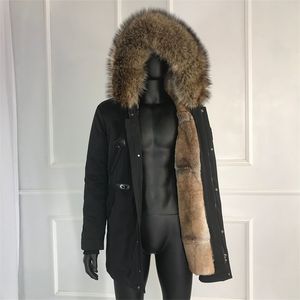 男のためのウサギのコート新しい冬の暖かいファッションリアルパーカーの裏地アライグマの毛皮の襟の男性のパーカーが付いているf 210203