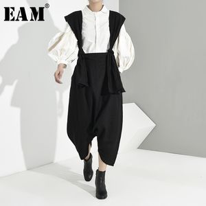 [EAM] 높은 허리 블랙 붕대 레저 긴 바지 바지 새로운 느슨한 맞는 바지 여성 패션 조류 봄 가을 JE8220 201228