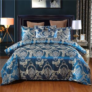 Conjuntos de cama de luxo Conjuntos Azul Satin Silk Jacquard Cama Set Single Rainha King Duvet Capa com Pillowcase Single Cama Set Luxo 201021