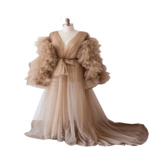 New Arrival Bridal Sleepwear V Neck Długie Rękawy Wedding Robe Nightgown Chic Miękkie Ruffles Tulle Sweep Pociąg Szybka Wysyłka