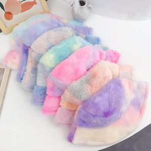 Tie Dye Plush Bucket Hat Women Fishman Cap Girl Winter Outdoor Warm Rainbows Wide Brim Cap Colorful Ear Protect Headgear K1150