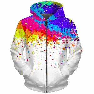 CloudStyle Homens 3D Hoodies Zip Up Splatter Cor Pintura Manchas 3D Imprimir Streetwear Casual Casaco Homens Mulheres Outwear Plus Tamanho 5XL 201104