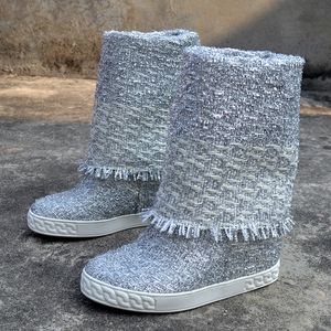 Bling prata tricotando pano de lã mid-bezerro botas Aumentando 8 cm cunha interna cunha alta salto mulher moda vintage botas