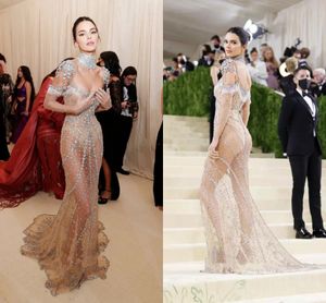 MetGala Kendall Jenner Prom Dresses Luxury Crystal Mermaid Sexy long sleeve See Through Black Girls Graduation Party evening Gown