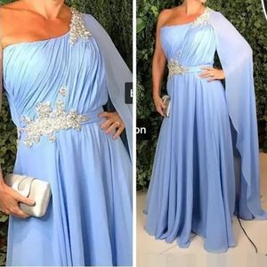 Shoulder A-Line One Evening Dresses Sleeveless Beaded Pleated Chiffon Floor Length Formal Prom Party Gowns