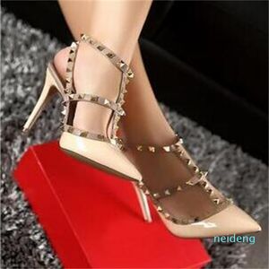 Designer Dress Shoes Pointed Toe 2-Strap with Studs high heels Patent Leather rivets Sandals Women Studded Strappy valentine high heel 2022