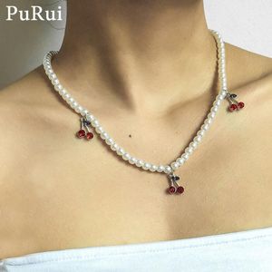 Bohemia Cherry Pendant Women Necklace Vintage Imiation Pearl Chain Choker Elegant Wedding Charm Collar Jewelry Necklaces