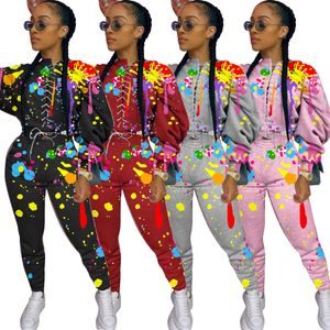 Women's Two Piece Pants European and American women's fashion lace-up graffiti printed sweater two-piece suit