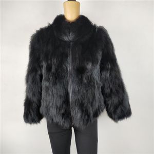 Real Fox меховой воротник воротник молнии пальто новая высота 50 см рукав зимние женщины теплые LJ201201