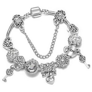 Fashion 925 Sterling Silver Love Bowknot Heart Locker Key Murano Lampwork Glass & European Charm Beads Crystal Dangle Fits Pandora Charm Bracelets Necklace B8