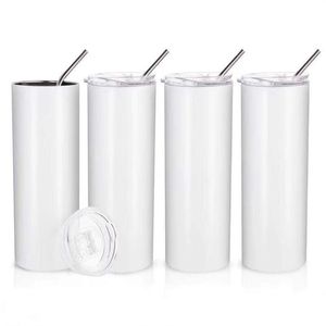 Tumblers dritti di sublimazione Tazze in acciaio inox 20oz clear paglia fai da te tazze bianche alte 600ml sottovuoto bottiglia di acqua con birra