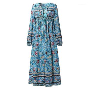 Party Dresses Wholesale- 2021 Fashion Women Chiffon Floral Long Maxi Dress Boho Loose Beach Midi Sundress Ladies Kaftan Pullover Sleeve V Ne