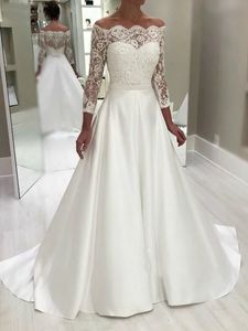 Klasyczna Satin A Linia Suknie Ślubne Suknie Ślubne Off Ramię Z Długim Rękawem Przycisk Wstecz Vestido De Novia Wiosna Letni Ogród Ogród Bride Formalna Sukienka Mariage 2022