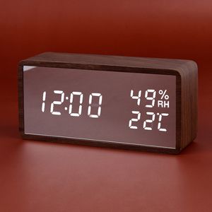 Wholesale wooden led clock square for sale - Group buy LED Wooden Alarm Clock Digital Mirror Table Clock Voice Control Snooze Temperature Display Despertador Desktop Clocks USB AAA LJ201204