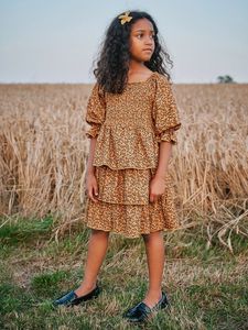 幼児の女の子ディティフローラルシーリングボディスフラウンススリーブ層状裾ドレス