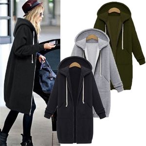 Herbst Winter Mantel Frauen Mode Lässig Lange Reißverschluss Mit Kapuze Jacke Hoodies Sweatshirt Vintage Plus Größe Outwear Hoodie 5XL 201216