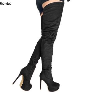 rontic handmade women 겨울 허벅지 부츠 숨겨진 플랫폼 섹시한 스틸 스토어 발 뒤꿈치 라운드 발가락 우아한 검은 유니섹스 신발 미국 크기 5-20
