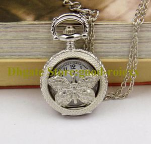 Casual Fashion Silver butterfly Women's Men Pocket Watch Necklace Accessories Sweater Chain Ladies Hanging Mens Quartz Watches AA00158