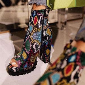 Designer-Leopard Snake Print boots Women's Zipper Open Toe Autumn Winter High Heels Ankle Boot