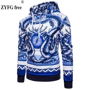 Men's Hoodies & Sweatshirts Wholesale- Winter 2021 Chinese Style Mens Pullovers Tops Hoodie Men Cotton Fashion Blue And White Porcelain Prin