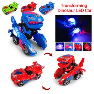 3D-verwandelndes Dinosaurier-Spielzeug-LED-Auto mit Lichtton für Kinder, Weihnachtsspielzeug-Geschenk, Dinosaurier-Transformator-Spielzeugauto für Kinder 201202