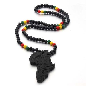 Collane con ciondolo Perline rotonde in legno nero Fatte a mano Elastico Africa Mappa Inciso fai da te Vintage African Women Party Hiphop Rock Jewelry1