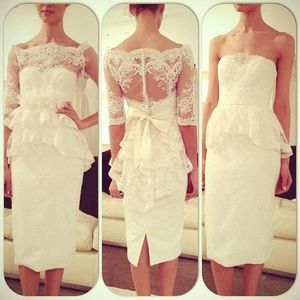 Two Piece Short Sheath Prom Dresses Tea Length Sheer Sleeve Backless Full Lace Appliques Peplum Special Occasion Dress Formal Evening Gowns