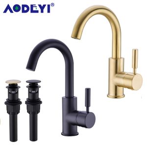 Solid Brass Black Bathroom Basin Faucet Cold And Hot Water Mixer Sink Tap Single Handle Brushed Gold Taps with Pop Up Drain T200710