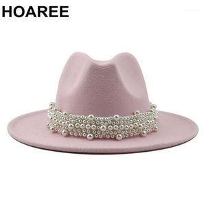 Skąpe Brim Kapelusze Różowe Jazz Fedora Ślubne Kobiety Pearl Czapka Czapka Biała Elegancka Ladies Wełniana Panama Trilby Formalna Party Cap 58-61cm1