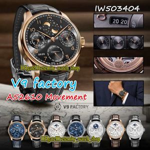 V9F Super version Calendario perpetuo 503404 Moon Phase Power Reserve A52610 Automatico quadrante nero Orologio da uomo Cassa in oro rosa CNC Orologi sportivi