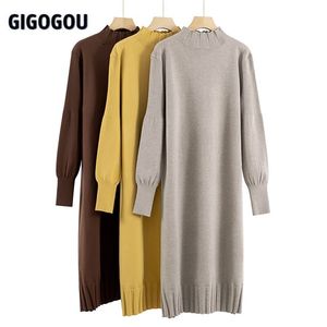 Gigogou uzun örgü büyük boy kadınlar maxi sweater elbise sıcak balıkçı yaka gevşek tunik cadde baggy midi kazak es 220215