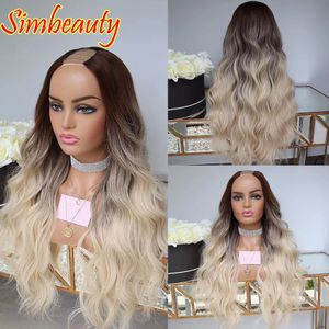 U Part Human Hair Wigs Ombre Dark Roots Plative Blonde Wavy 2x4 Полная машина, сделанная 250 -градитен.