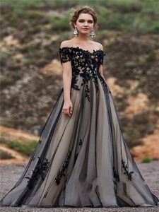 Schwarzes Hochzeitskleid, neu, schulterfrei, kurze Ärmel, mit Spitzenapplikation, A-Linie, Sweep-Zug, sexy Brautkleid, Vestido de Fiesta Largos de Gala 2022