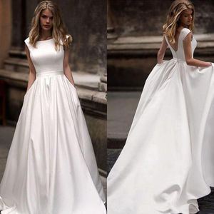 New Arrival Cheap Plus Size Dresses With Pocket Satin Pleats Floor Length Bridal Gowns Wedding Dress Vestido De Novia