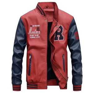 Kurtki męskie 2021 zimowa skórzana kurtka męska Bomber Baseball Pu sztuczny polar College Top czarny Slim Fit motocykl